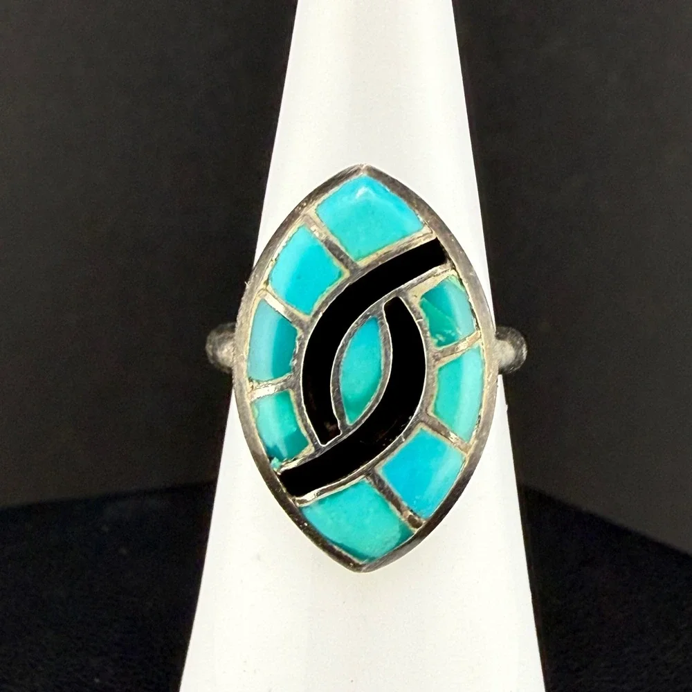 Vintage Signed Inlay Marquise Ring Turquoise Black Geometric Southwest 5.5